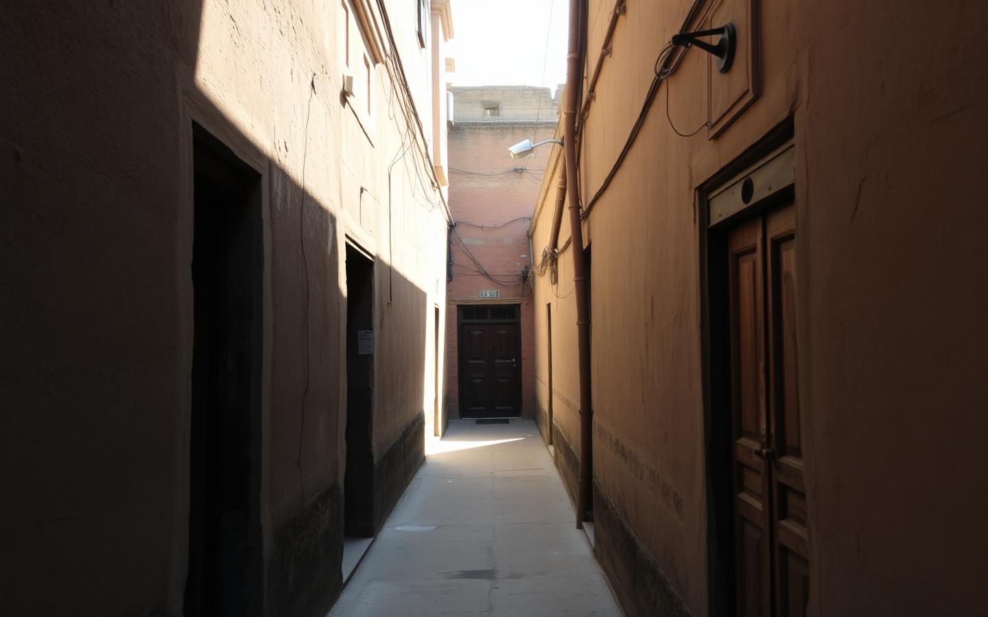 Narrow sunlit alley in the walled city of Lahore with unmarked doors