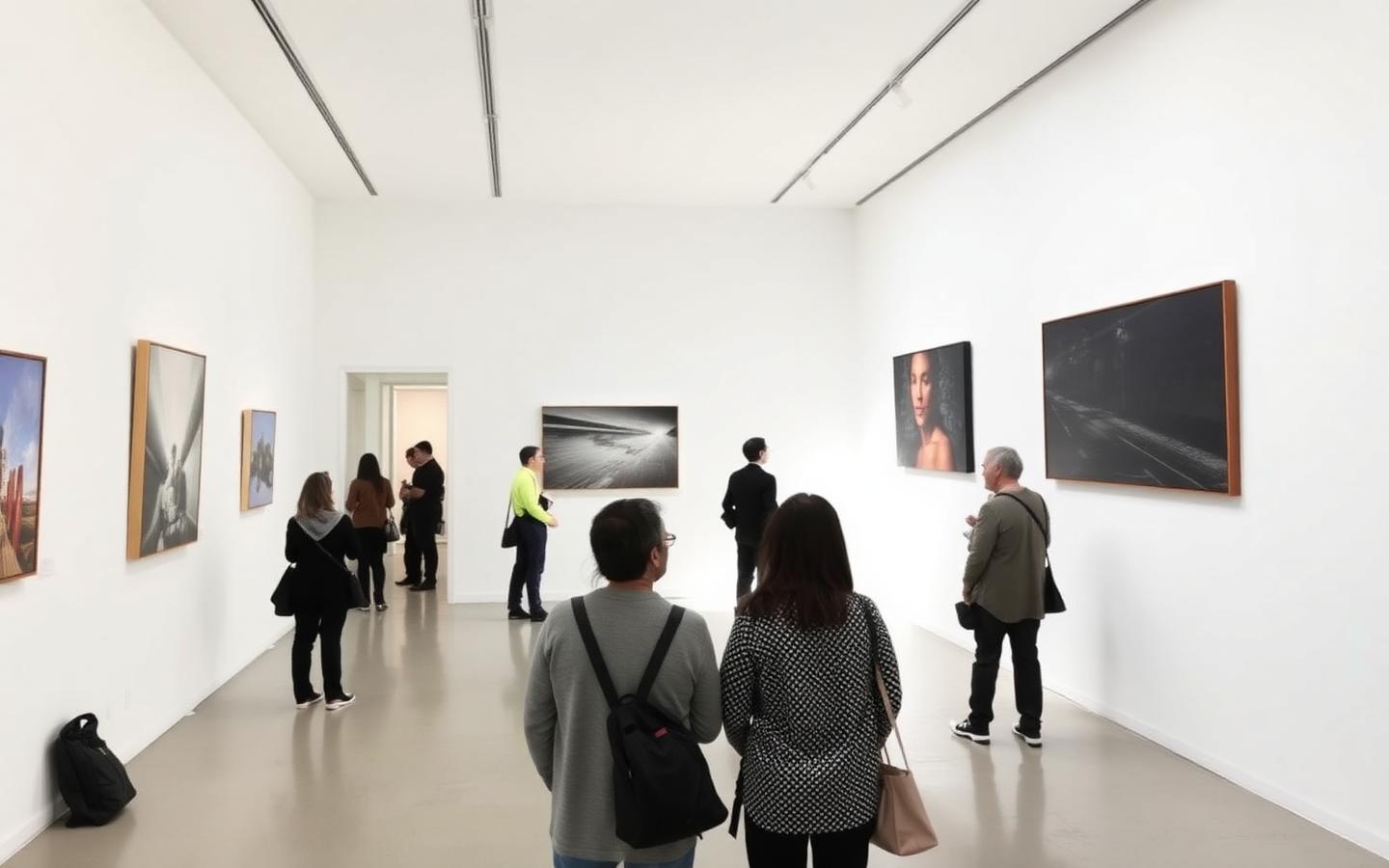 Visitors in a minimal white-walled contemporary gallery