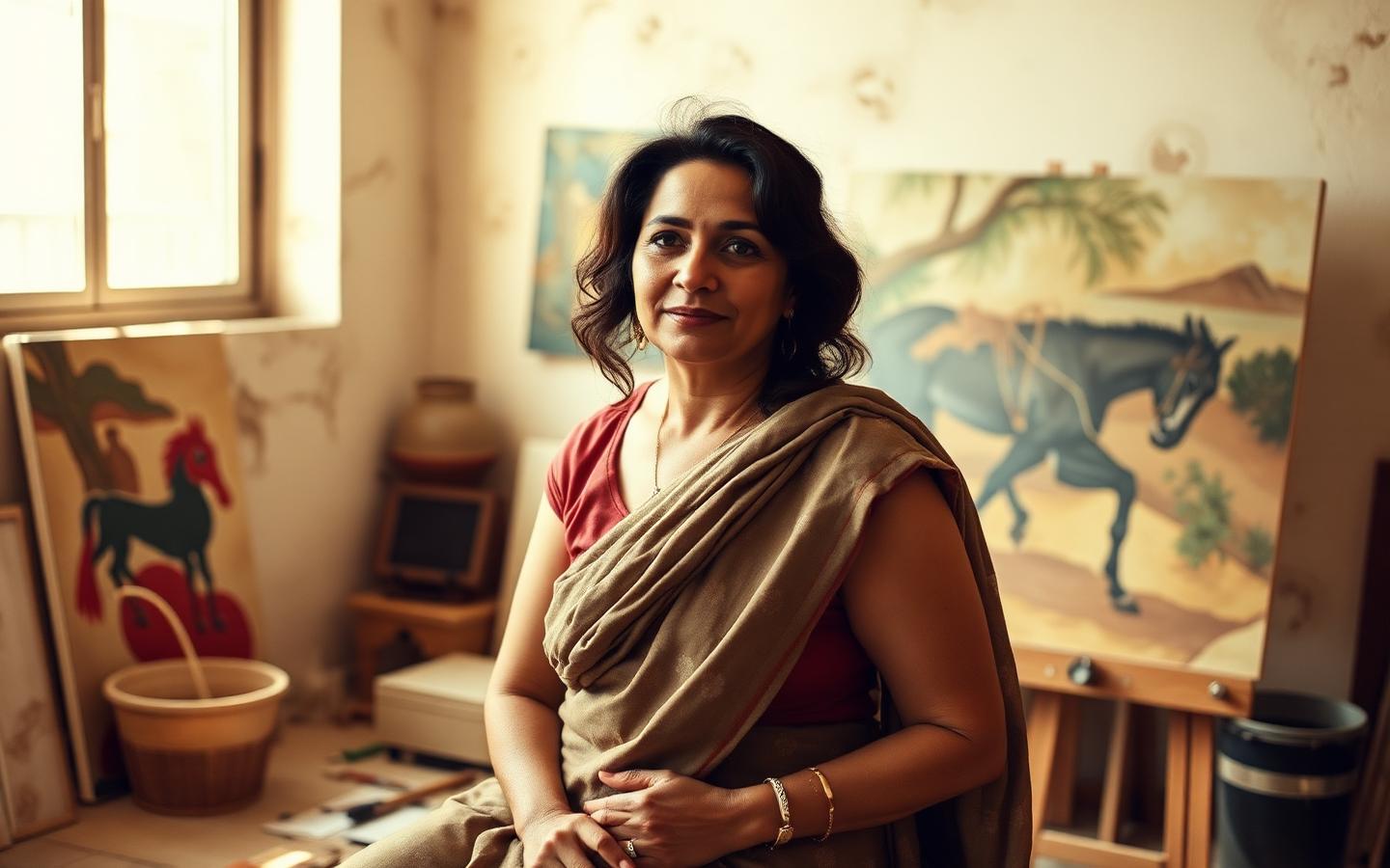Painter seated in a sunlit Karachi studio beside a large canvas