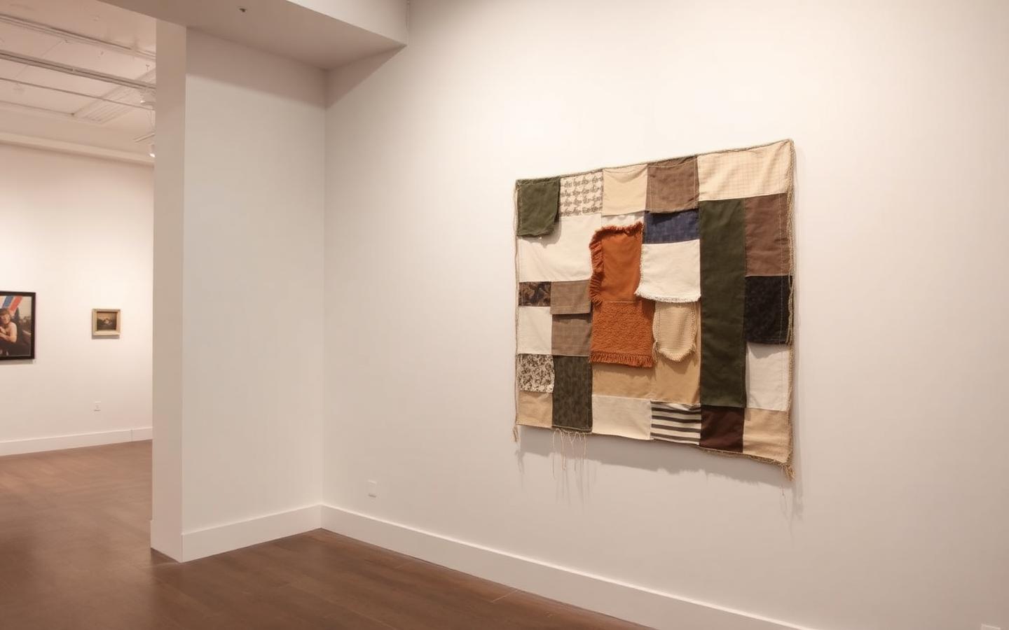 Textile collage artwork in muted earth tones hanging on a pale plaster gallery wall